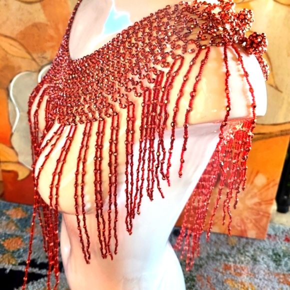 Vintage Accessories - VTG Beaded Rust Sparkle Beaded Sparkly Elegant Shawl Shoulder Fringe Neck Collar